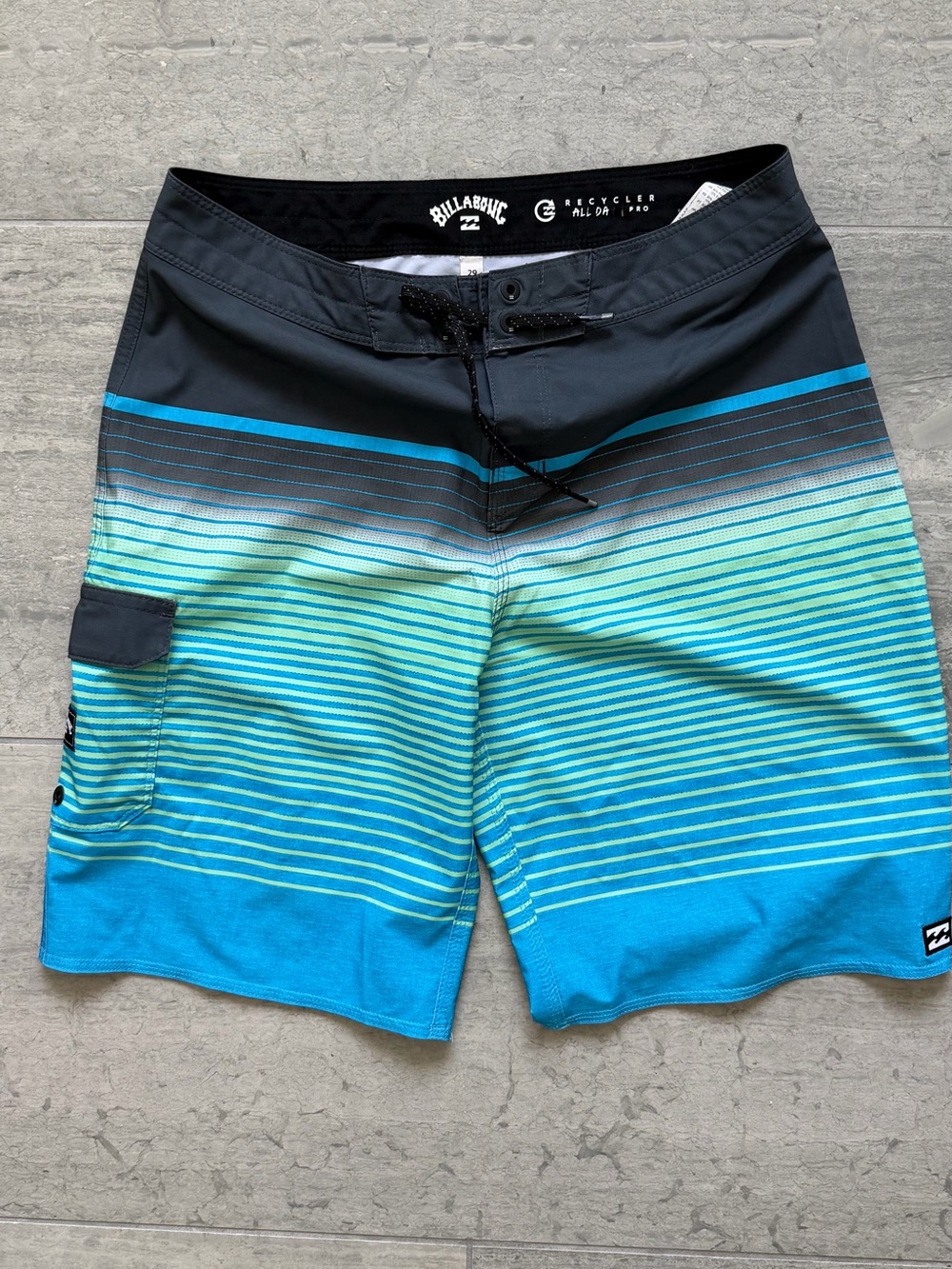 Billabong Men’s Black and Teal Gradient Stripe Boardshorts